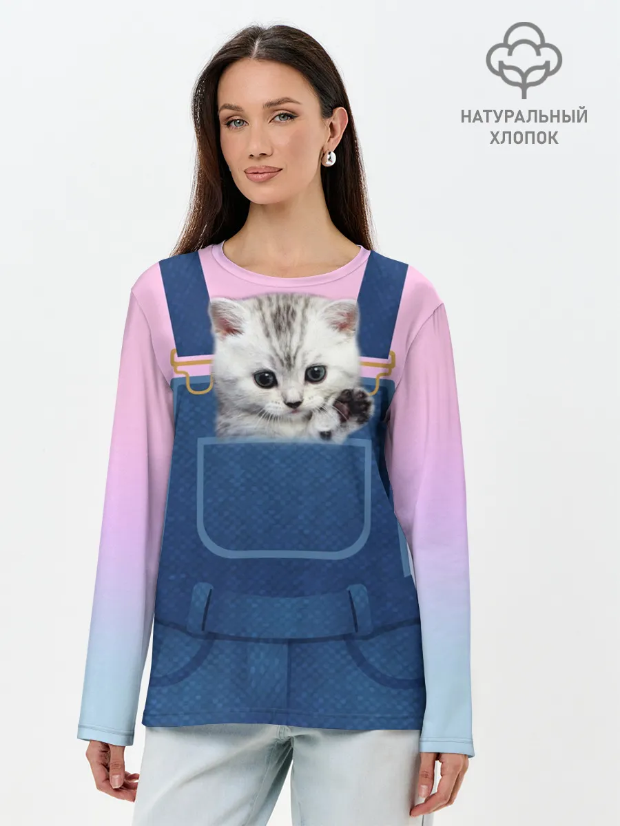 Лонгслив женский. Хлопок / Котенок в кармане
