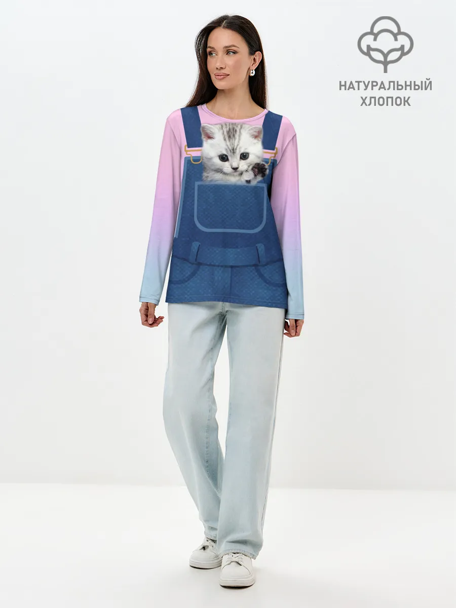 Лонгслив женский. Хлопок / Котенок в кармане