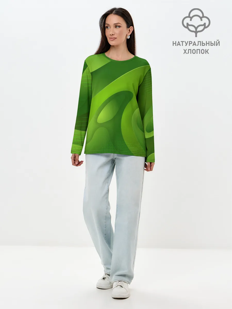 Лонгслив женский. Хлопок / 3d Green abstract