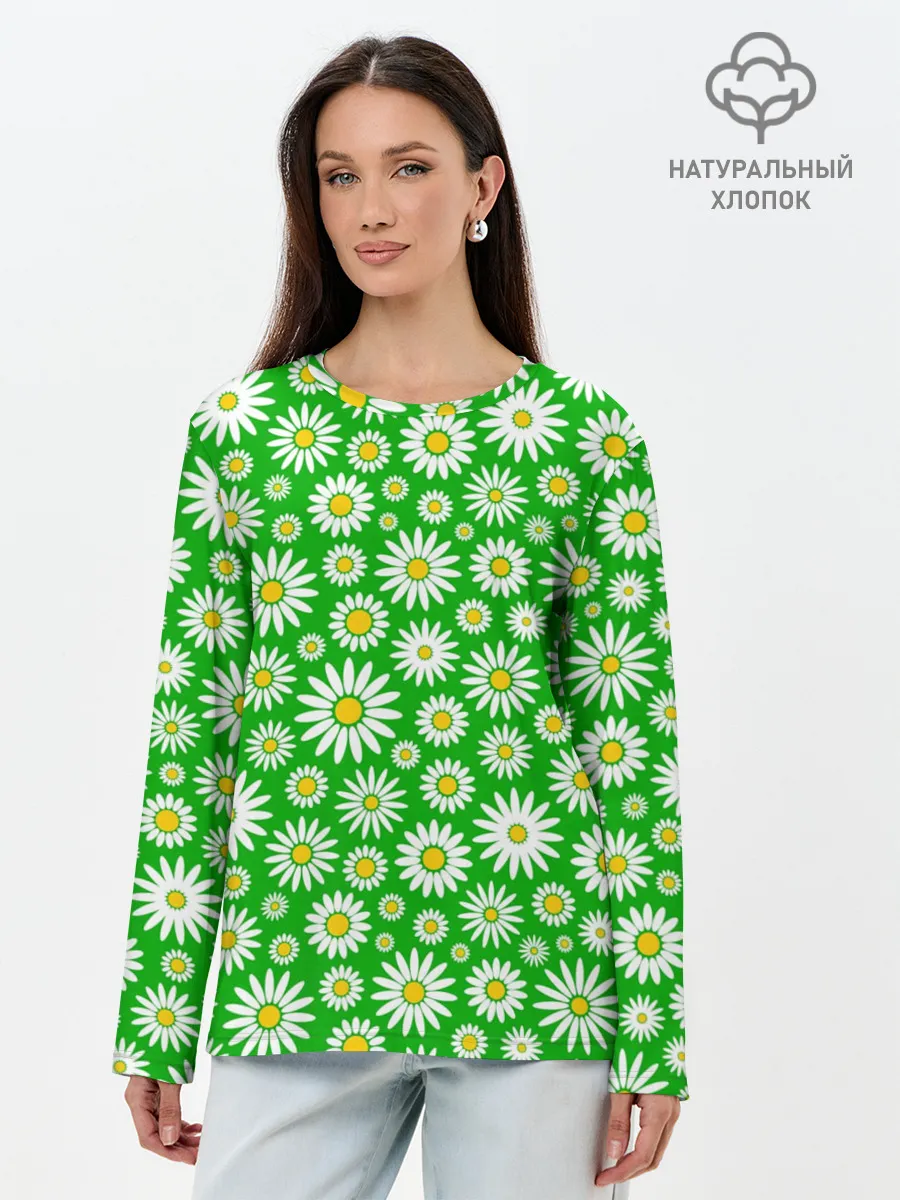 Лонгслив женский. Хлопок / Ромашки на зелёном фоне