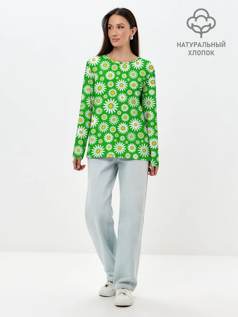Лонгслив женский. Хлопок / Ромашки на зелёном фоне