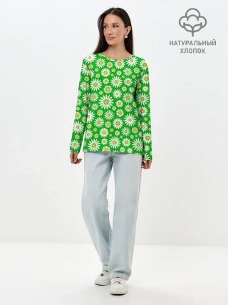 Лонгслив женский. Хлопок / Ромашки на зелёном фоне