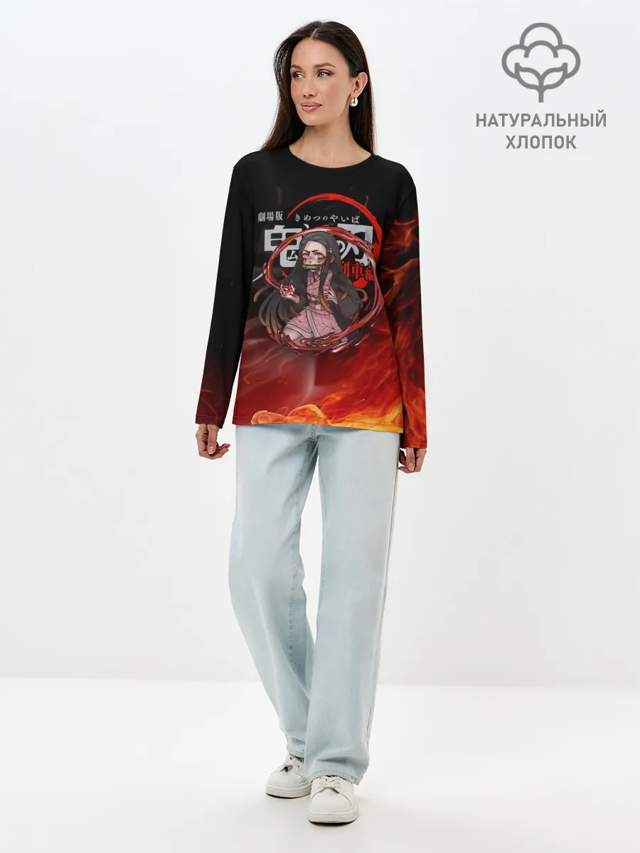 Лонгслив женский. Хлопок / Незуко Камадо в огне