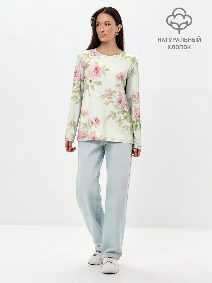 Лонгслив женский. Хлопок / Розовые розы