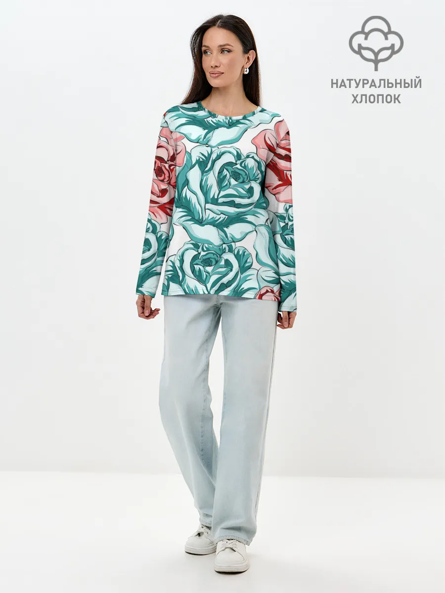 Лонгслив женский. Хлопок / Розы