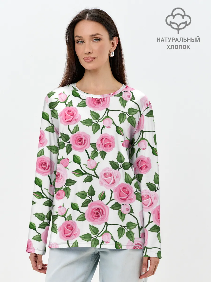 Лонгслив женский. Хлопок / Розы