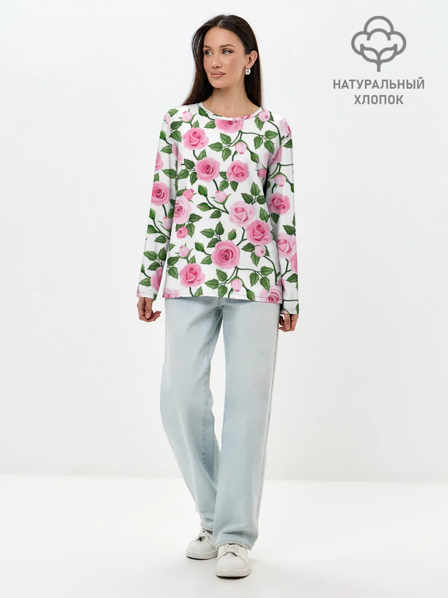 Лонгслив женский. Хлопок / Розы