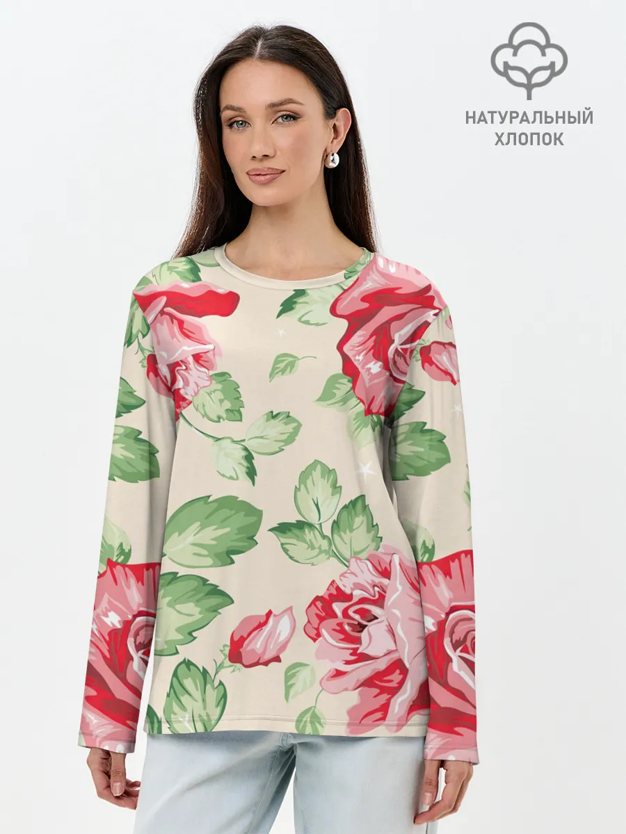Лонгслив женский. Хлопок / Розы