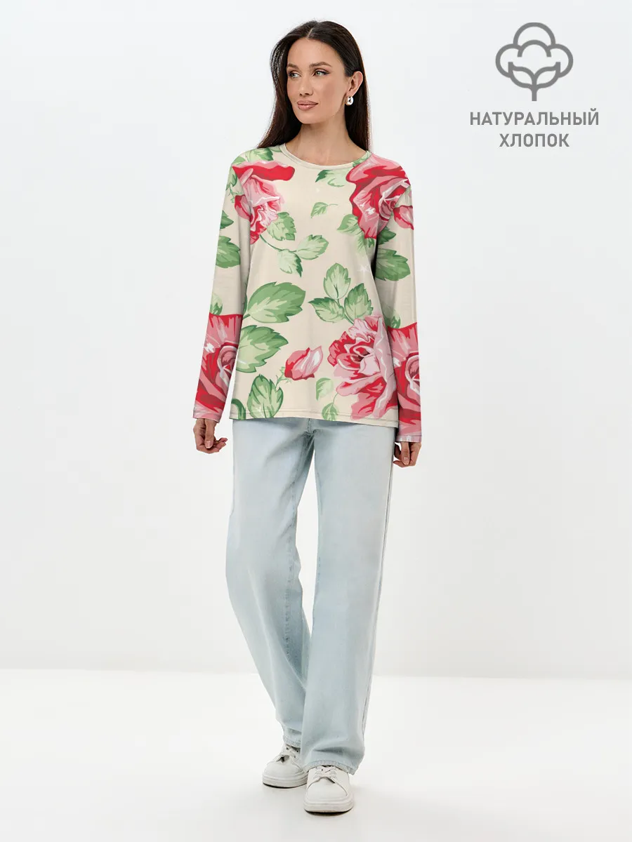 Лонгслив женский. Хлопок / Розы