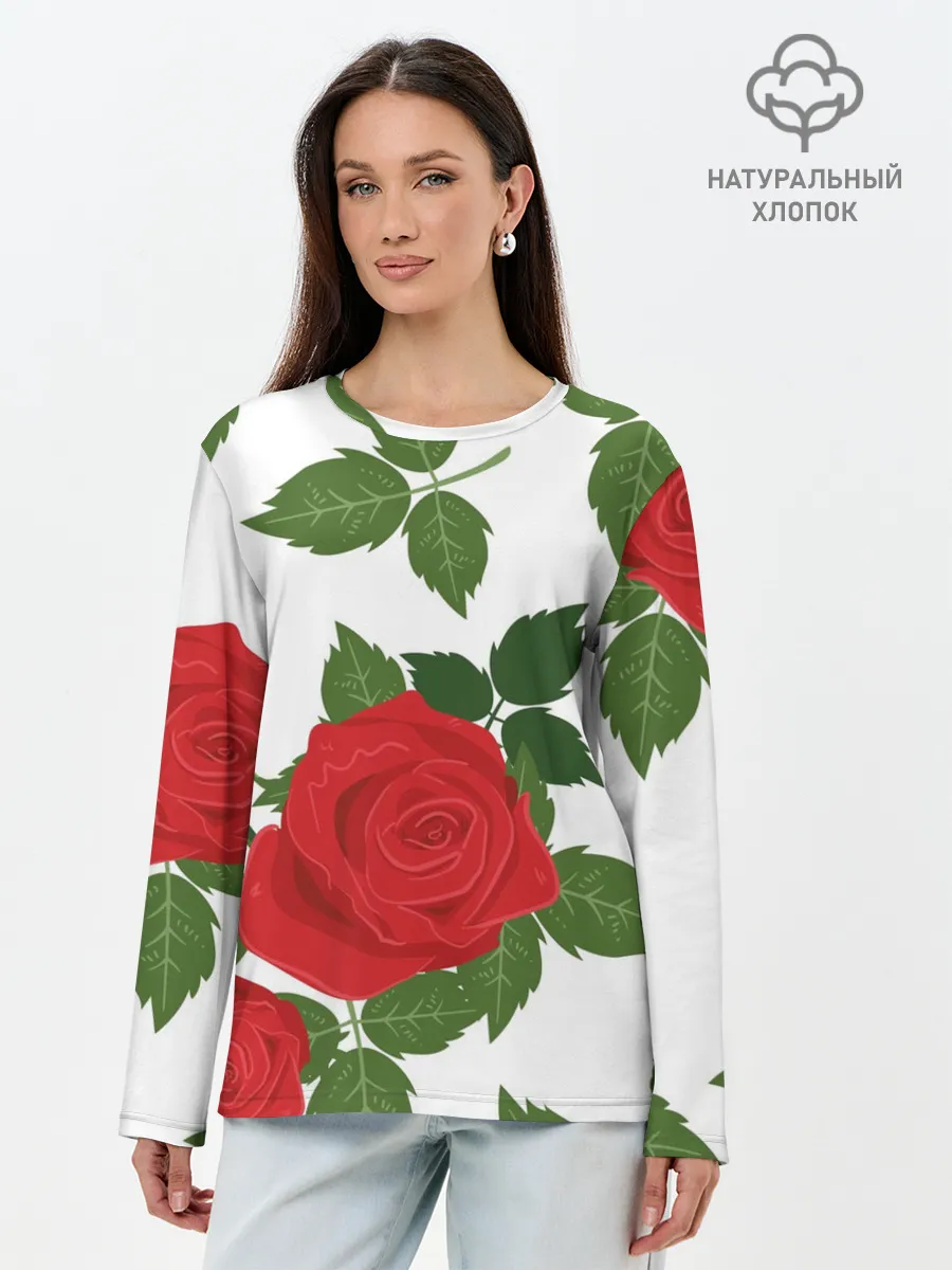 Лонгслив женский. Хлопок / Большие розы