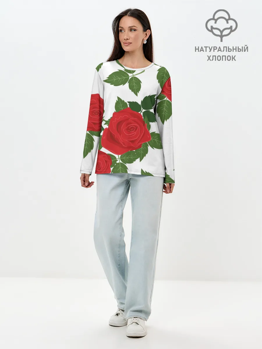 Лонгслив женский. Хлопок / Большие розы