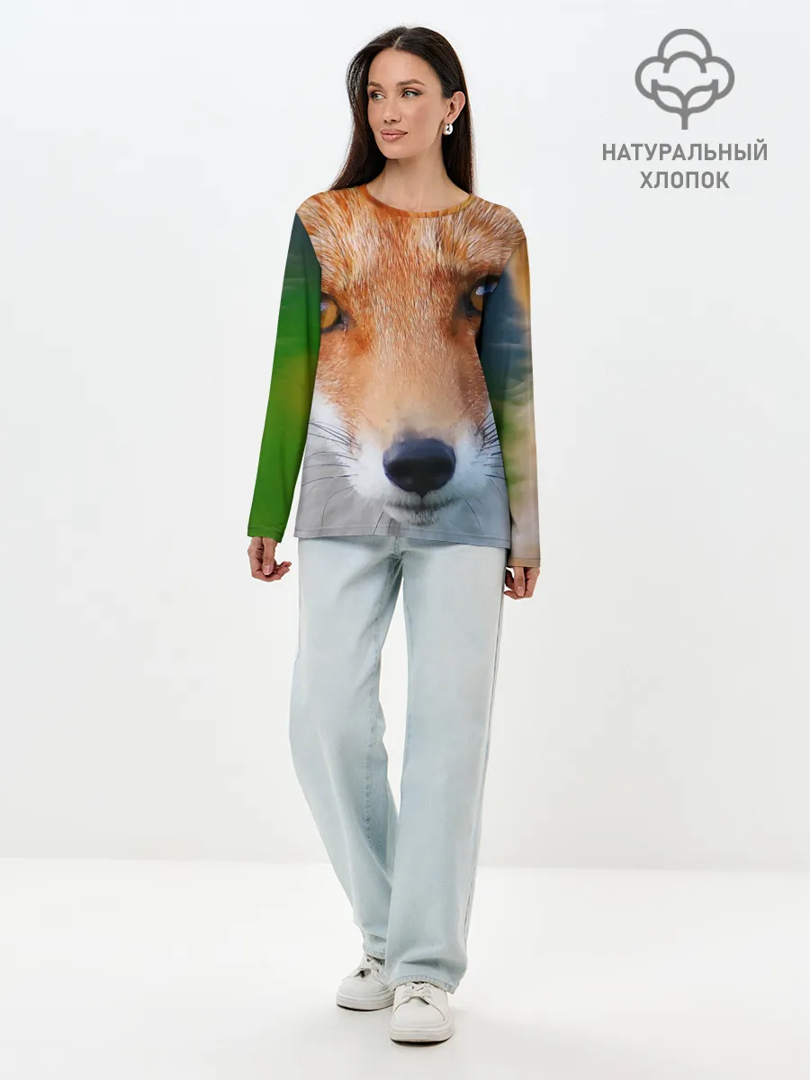 Лонгслив женский. Хлопок / Крупно мордочка лисы