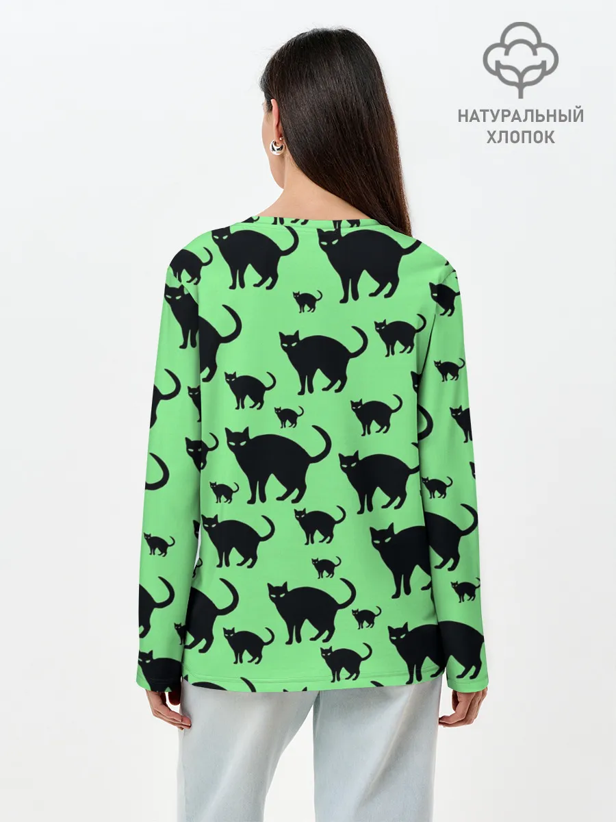 Лонгслив женский. Хлопок / Кошачий фон