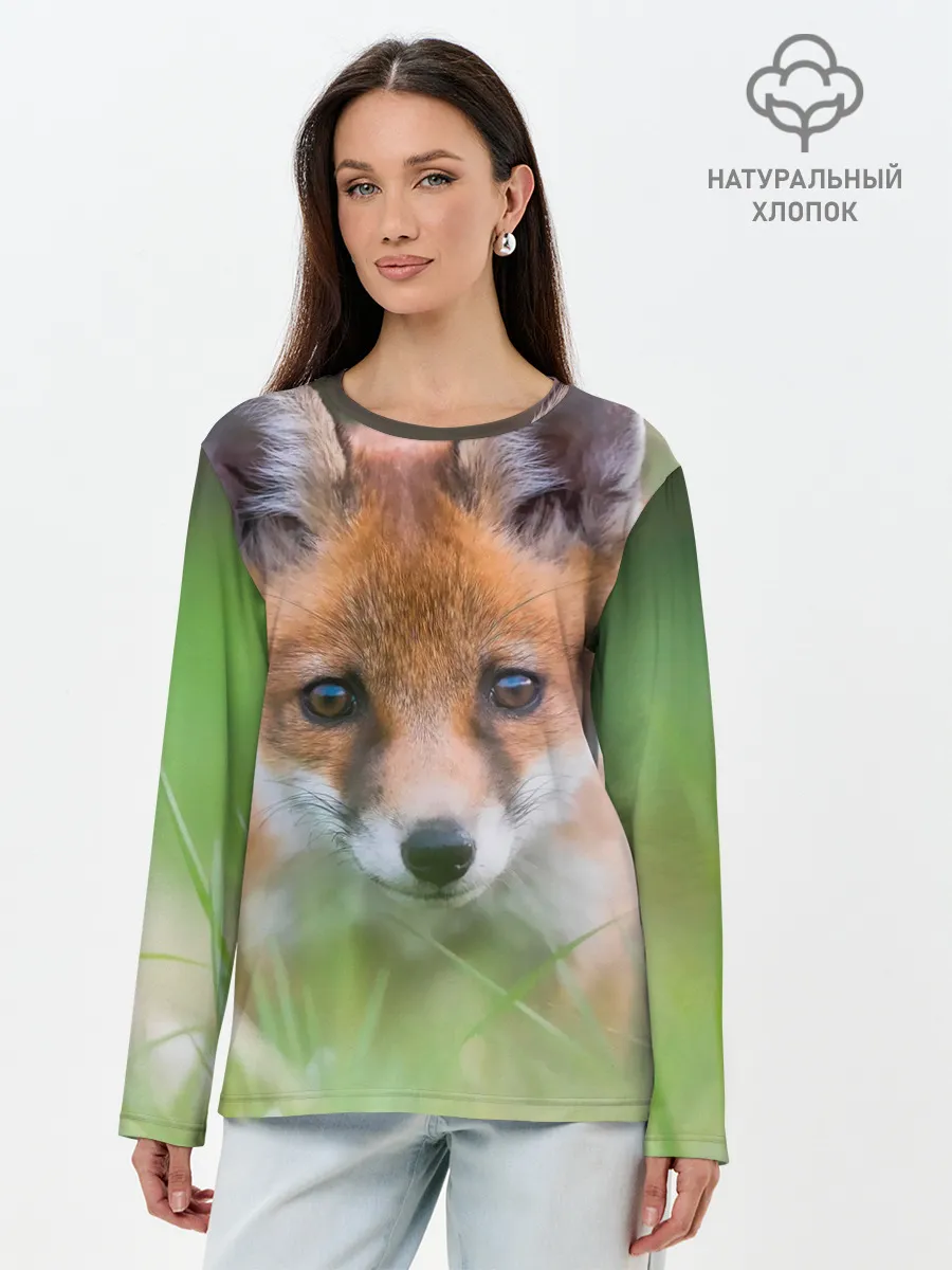 Лонгслив женский. Хлопок / Лисенок в засаде