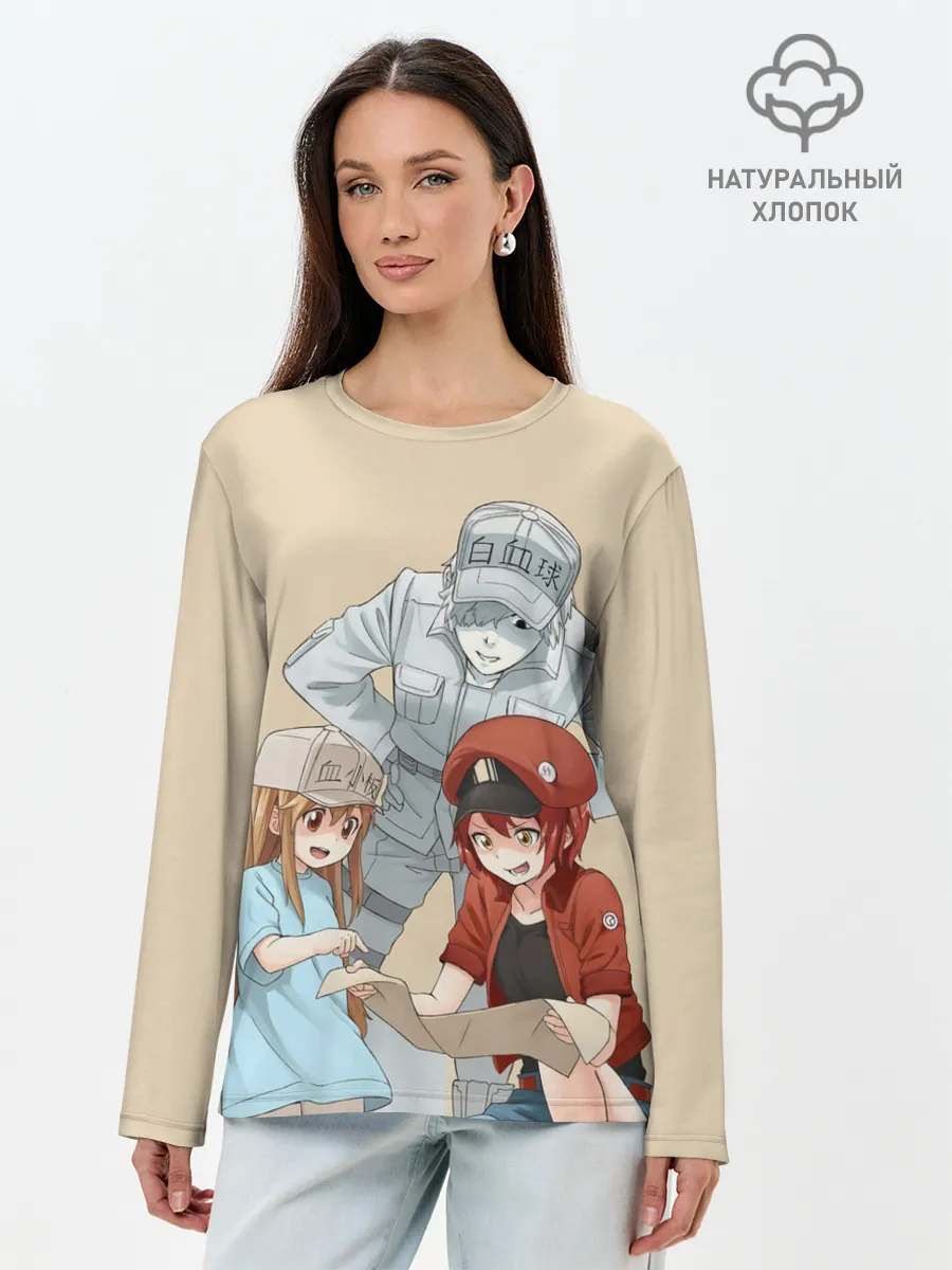 Лонгслив женский. Хлопок / Клетки за работой