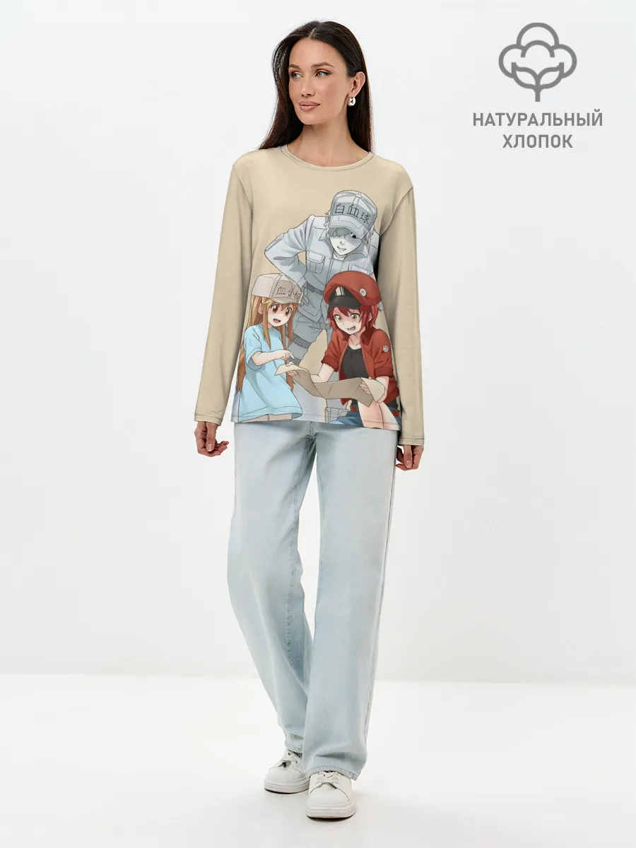 Лонгслив женский. Хлопок / Клетки за работой