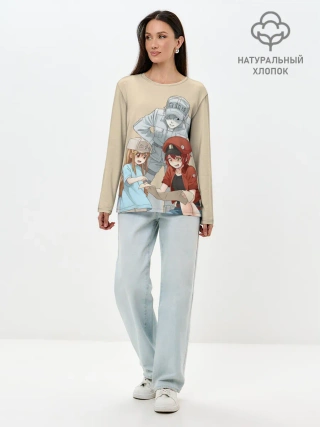 Лонгслив женский. Хлопок / Клетки за работой