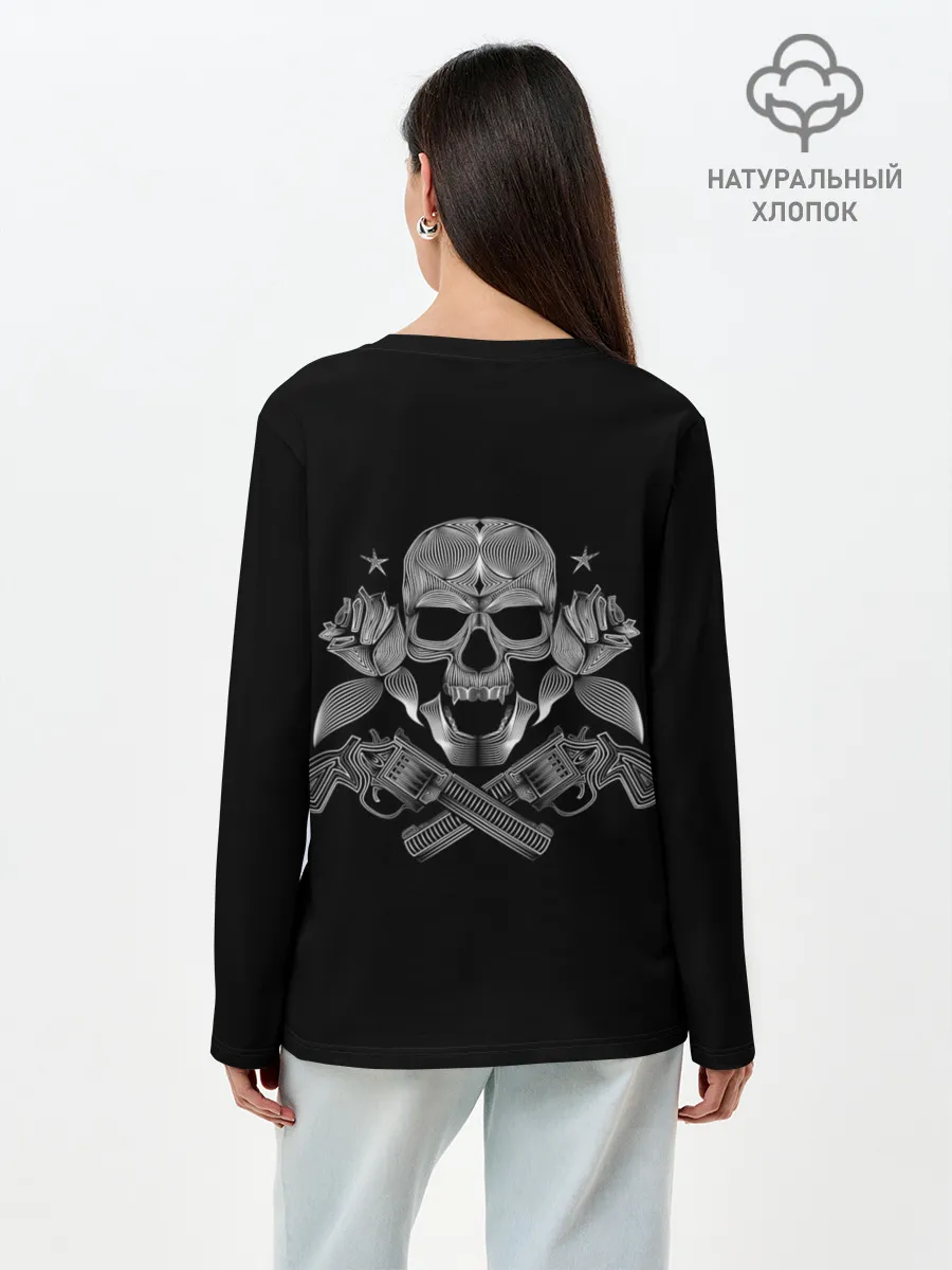 Лонгслив женский. Хлопок / Череп, розы, два ствола