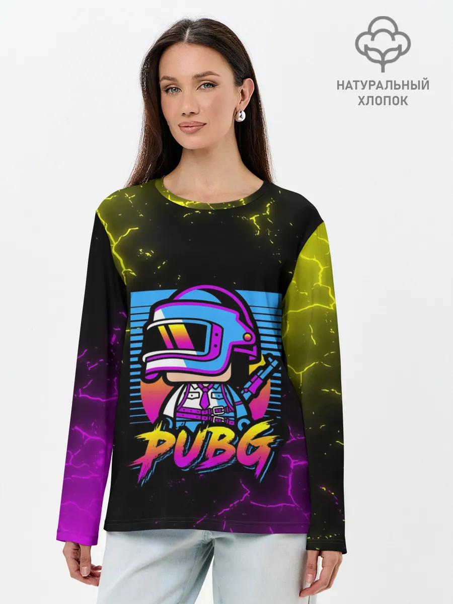 Лонгслив женский. Хлопок / PUBG RETRO NEON / ПАБГ НЕОН