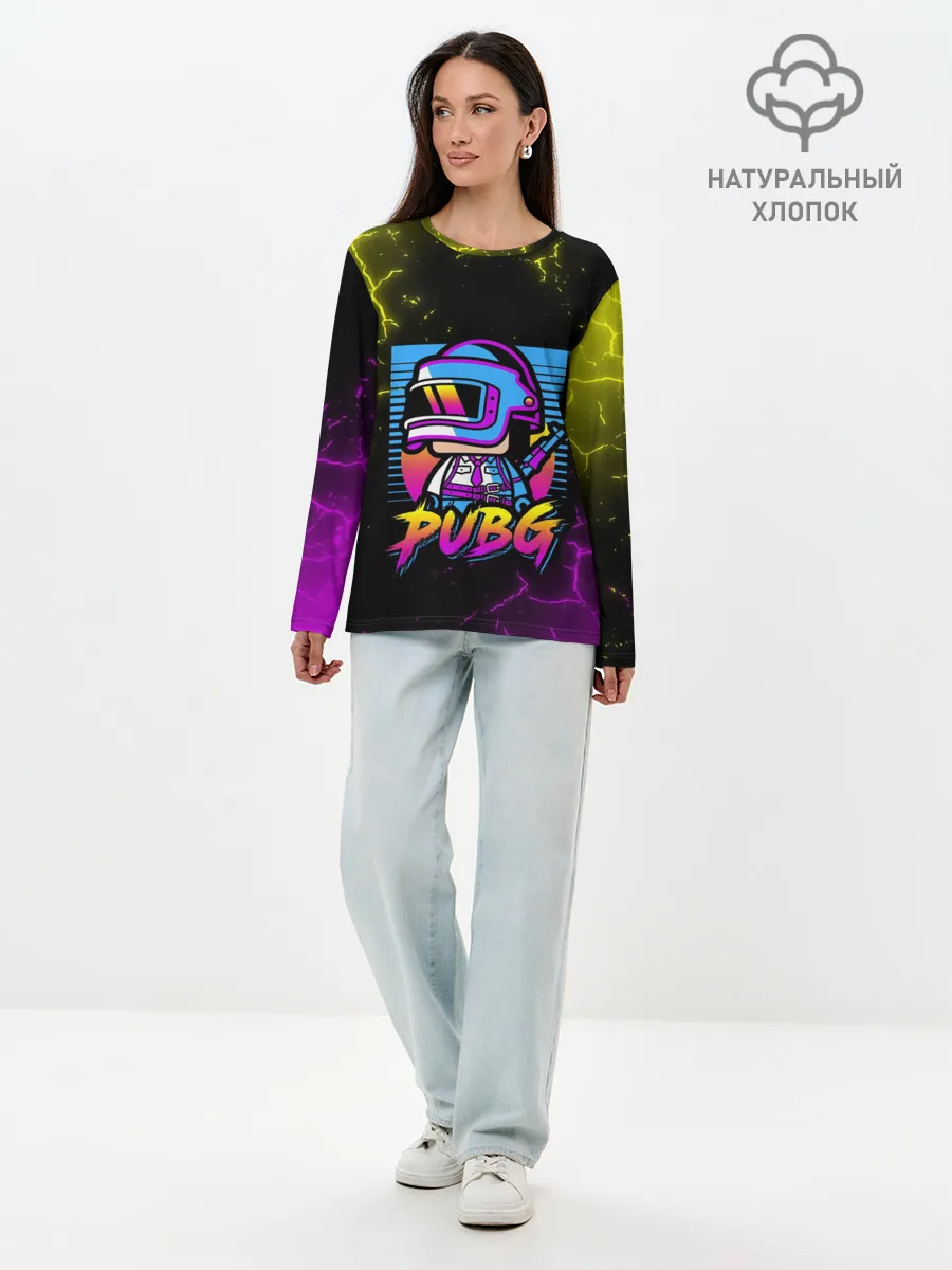 Лонгслив женский. Хлопок / PUBG RETRO NEON / ПАБГ НЕОН