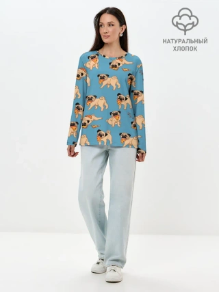 Лонгслив женский. Хлопок / Мопсы с пиццей