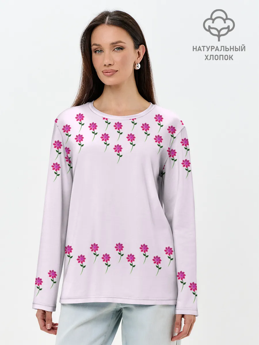 Лонгслив женский. Хлопок / розовые цветы | pink flowers