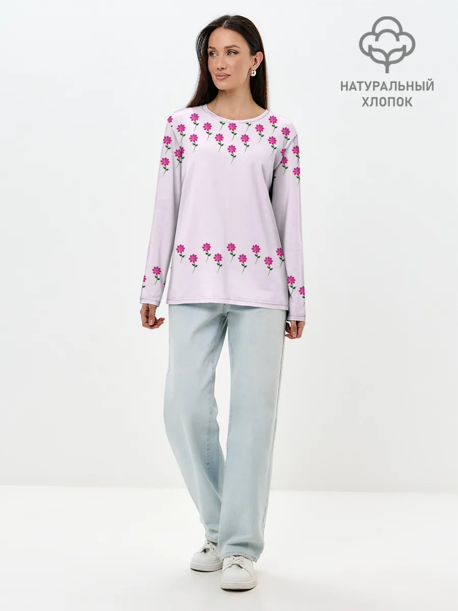 Лонгслив женский. Хлопок / розовые цветы | pink flowers