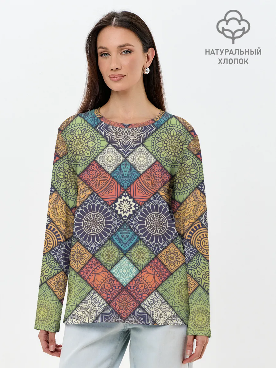 Лонгслив женский. Хлопок / ЛОСКУТНАЯ ВЫШИВКА