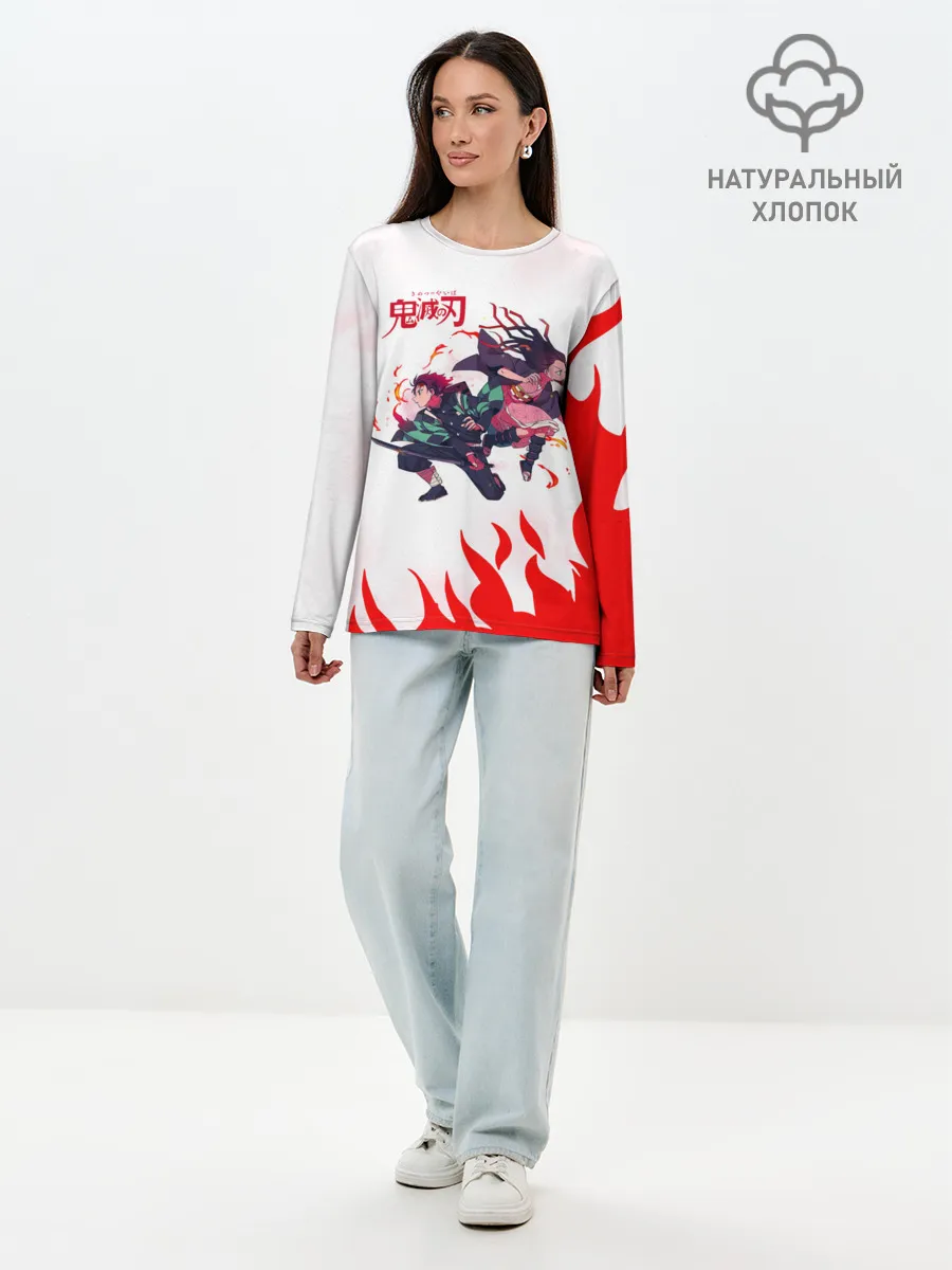 Лонгслив женский. Хлопок / Танджиро и Незуко в огне