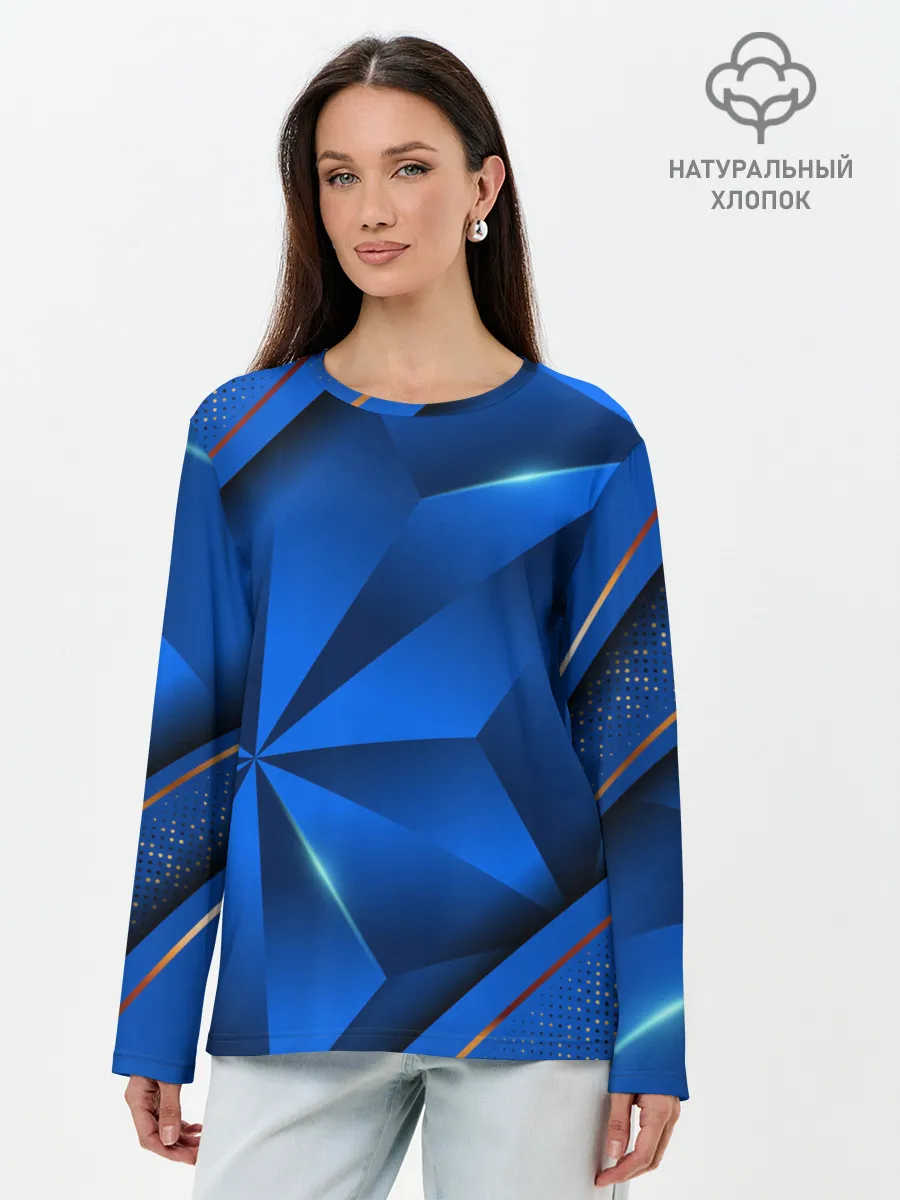 Лонгслив женский. Хлопок / 3D абстрактные фигуры BLUE
