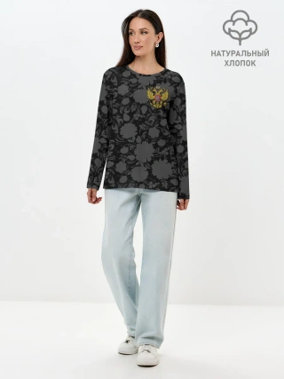 Лонгслив женский. Хлопок / Герб России Хохлома