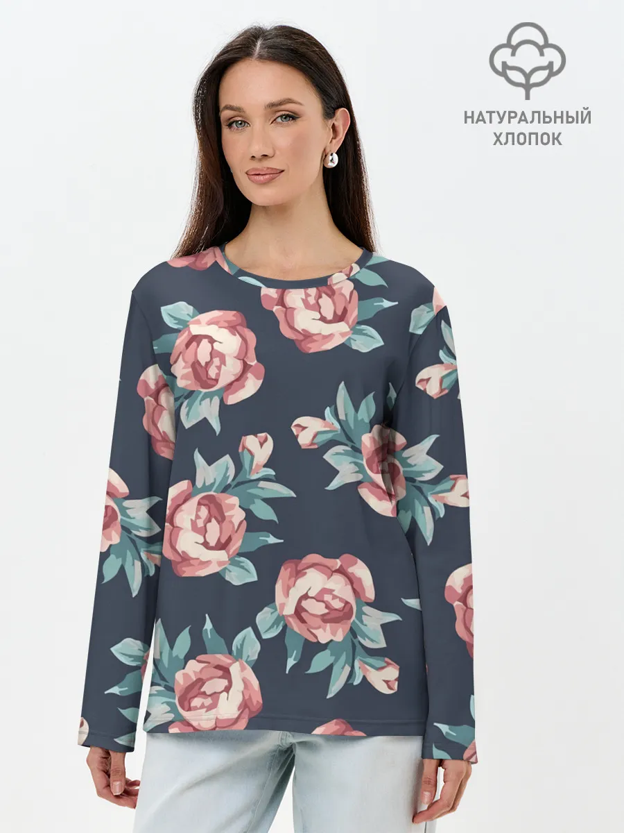 Лонгслив женский. Хлопок / Розы