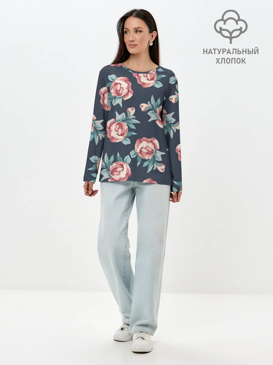 Лонгслив женский. Хлопок / Розы