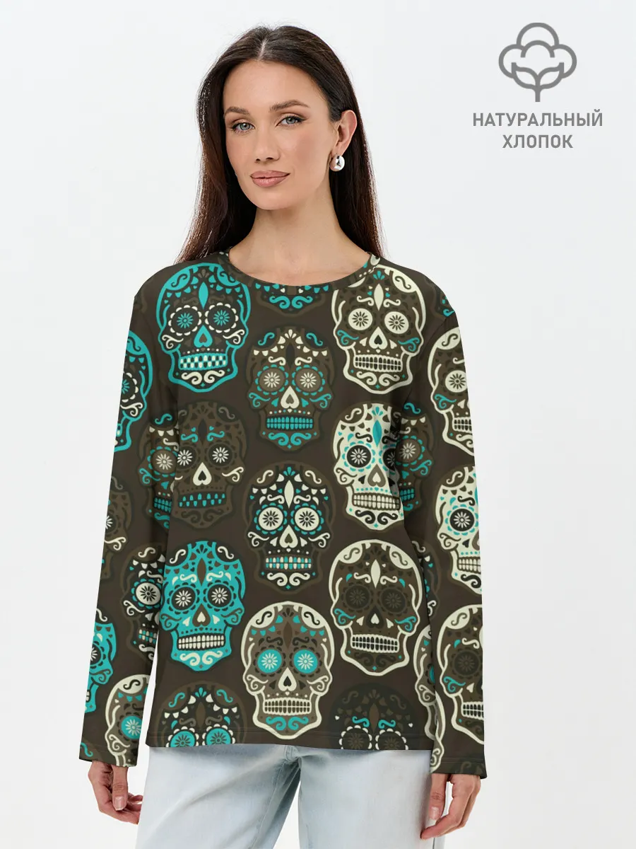 Лонгслив женский. Хлопок / Черепа с узорами
