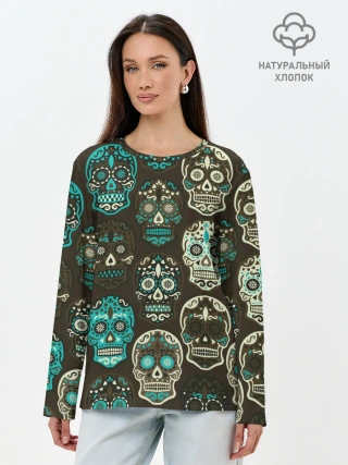 Лонгслив женский. Хлопок / Черепа с узорами