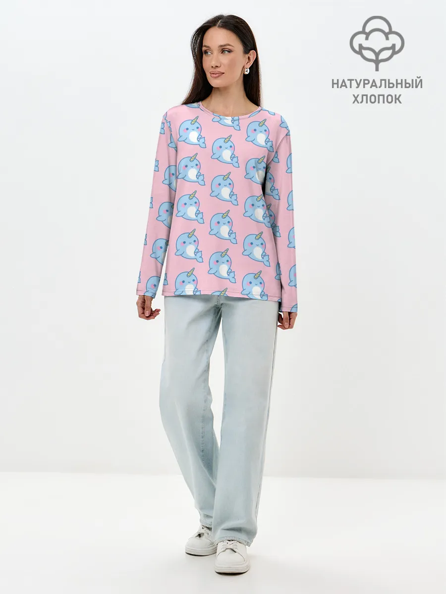 Лонгслив женский. Хлопок / Дельфинчики | Единорожки