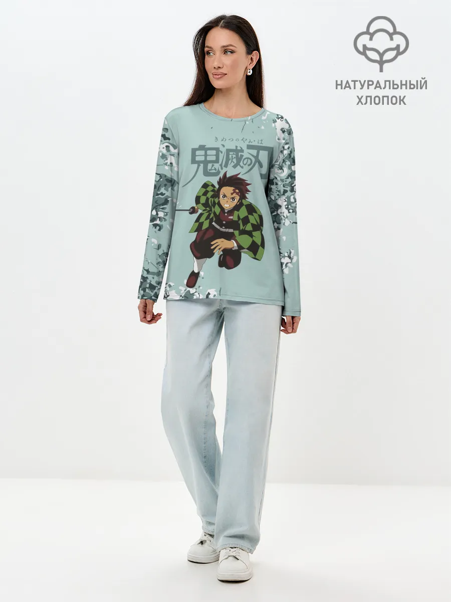 Лонгслив женский. Хлопок / Танджиро Камадо Kimetsu no Yaiba