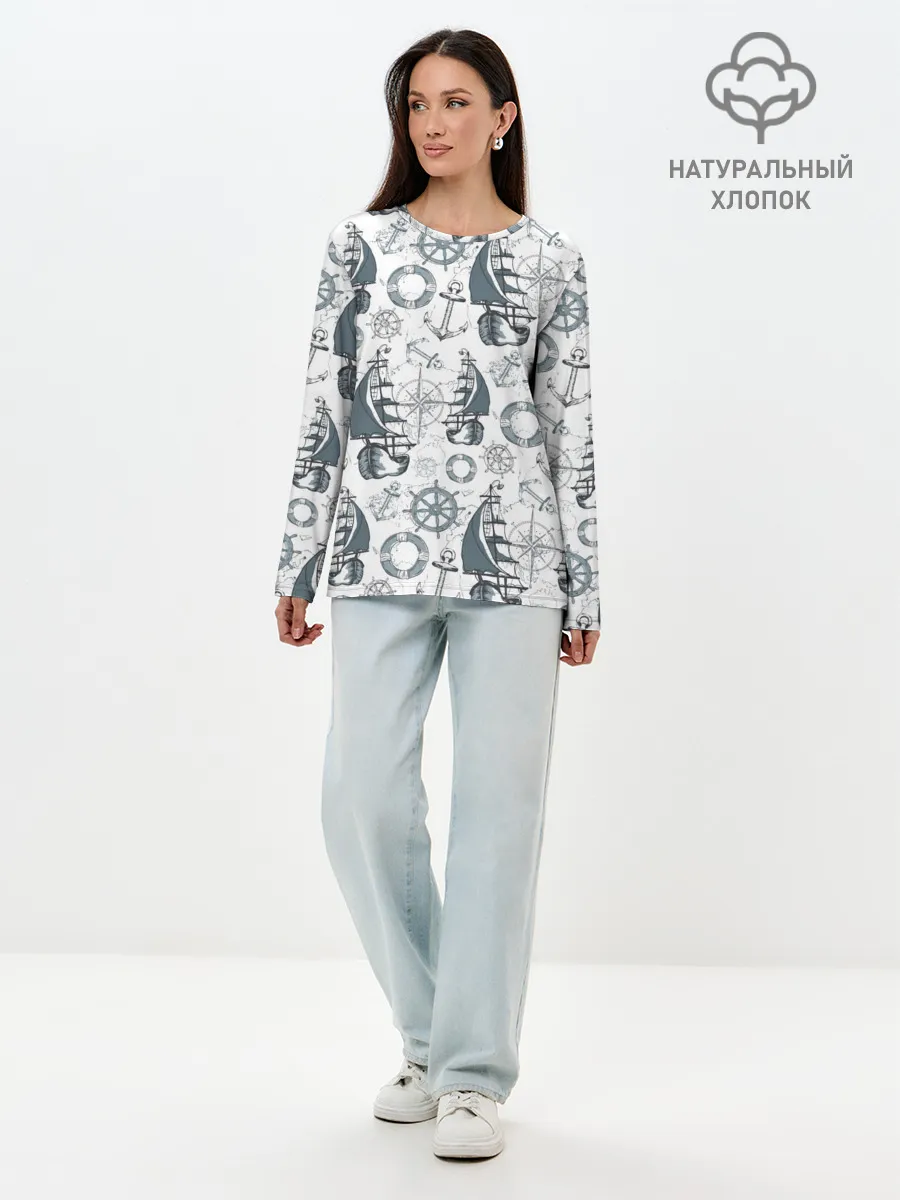 Лонгслив женский. Хлопок / Морской узор Nautical Pattern