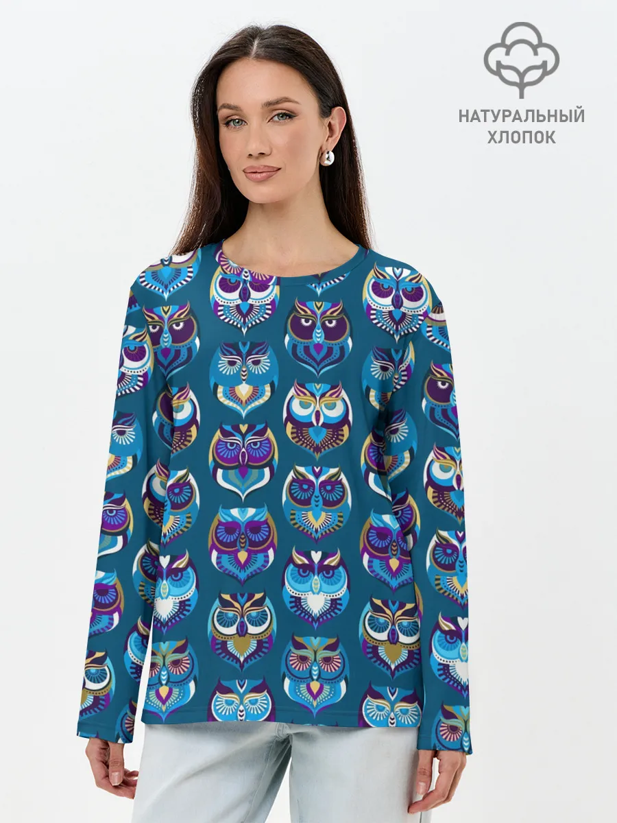 Лонгслив женский. Хлопок / Совы