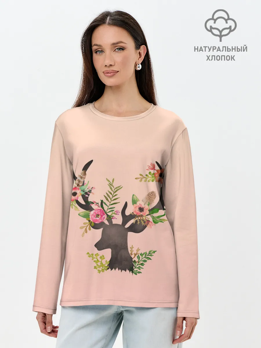 Лонгслив женский. Хлопок / олень рога цветы