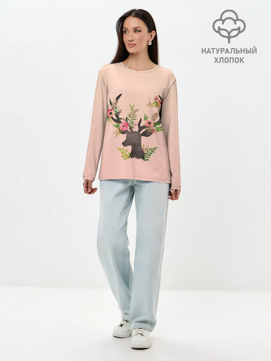 Лонгслив женский. Хлопок / олень рога цветы