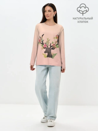 Лонгслив женский. Хлопок / олень рога цветы