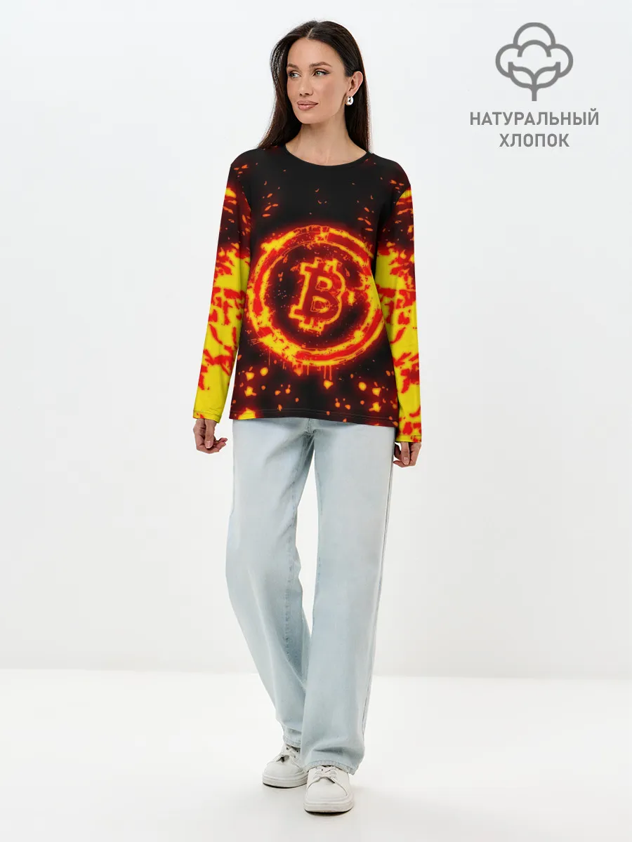 Лонгслив женский. Хлопок / BITCOIN / БИТКОИН / ОГОНЬ