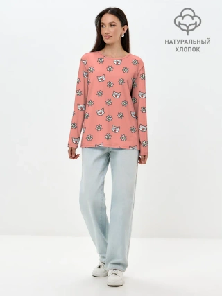 Лонгслив женский. Хлопок / Кошки и цветы