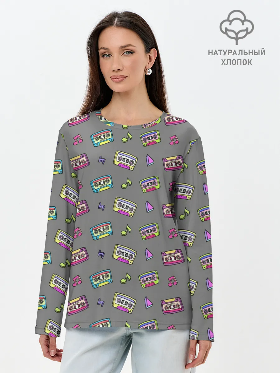 Лонгслив женский. Хлопок / Касеты и ноты