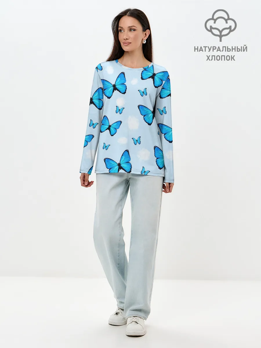 Лонгслив женский. Хлопок / Бабочки с Облаками