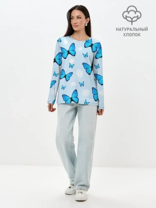 Лонгслив женский. Хлопок / Бабочки с Облаками