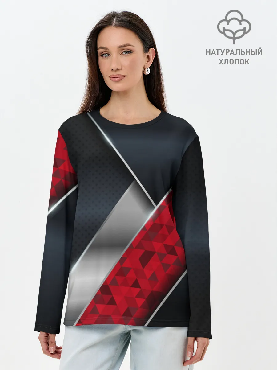 Лонгслив женский. Хлопок / 3D BLACK AND RED METAL