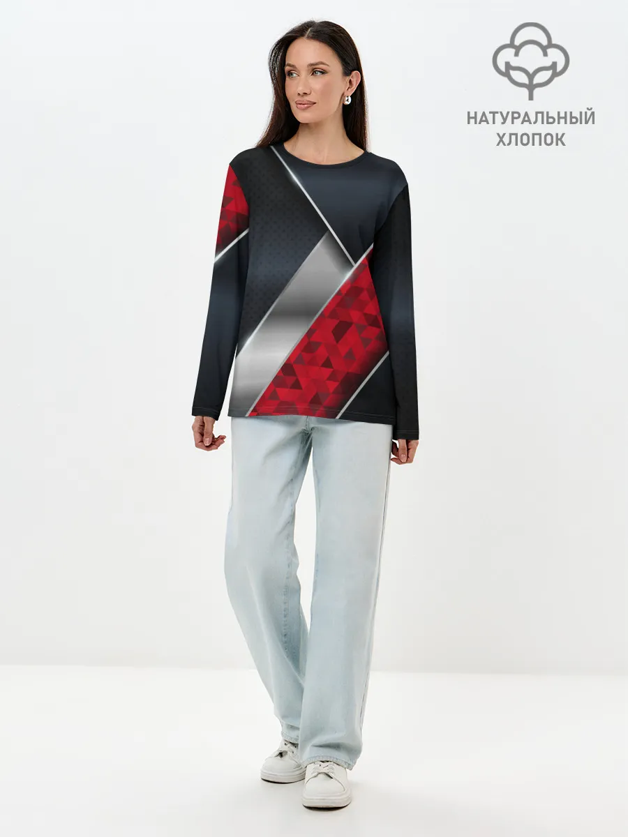 Лонгслив женский. Хлопок / 3D BLACK AND RED METAL