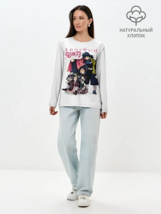 Лонгслив женский. Хлопок / Танджиро и Незуко под укрытием Гию